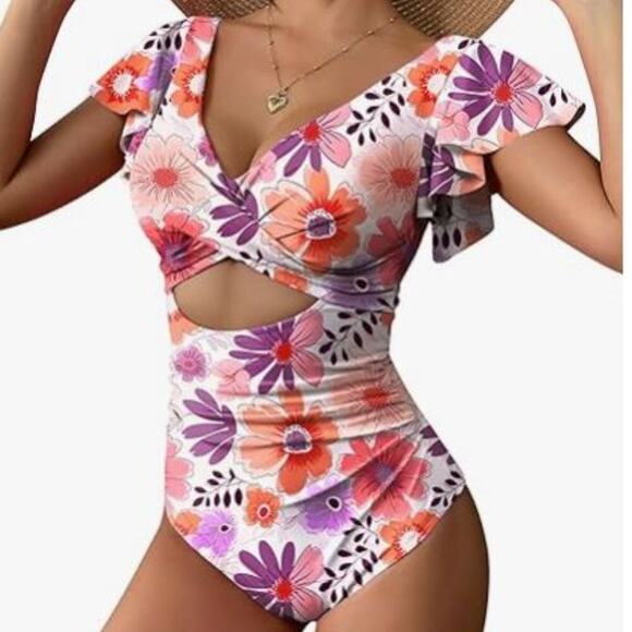 AI'MAGE Brand Women's XXL NWT Ruffle One Piece Swimsuit Orange & Purple Floral - Picture 4 of 5